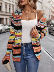 Rainbow Striped Open Front Cardigan, Casual Long Sleeve Cardigan For Spring & Fall, Women's Clothing