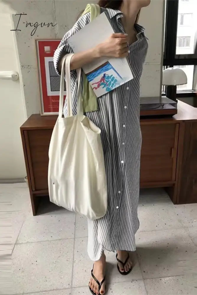 Ingvn - Casual Striped Pocket POLO collar Shirt Dress Dresses