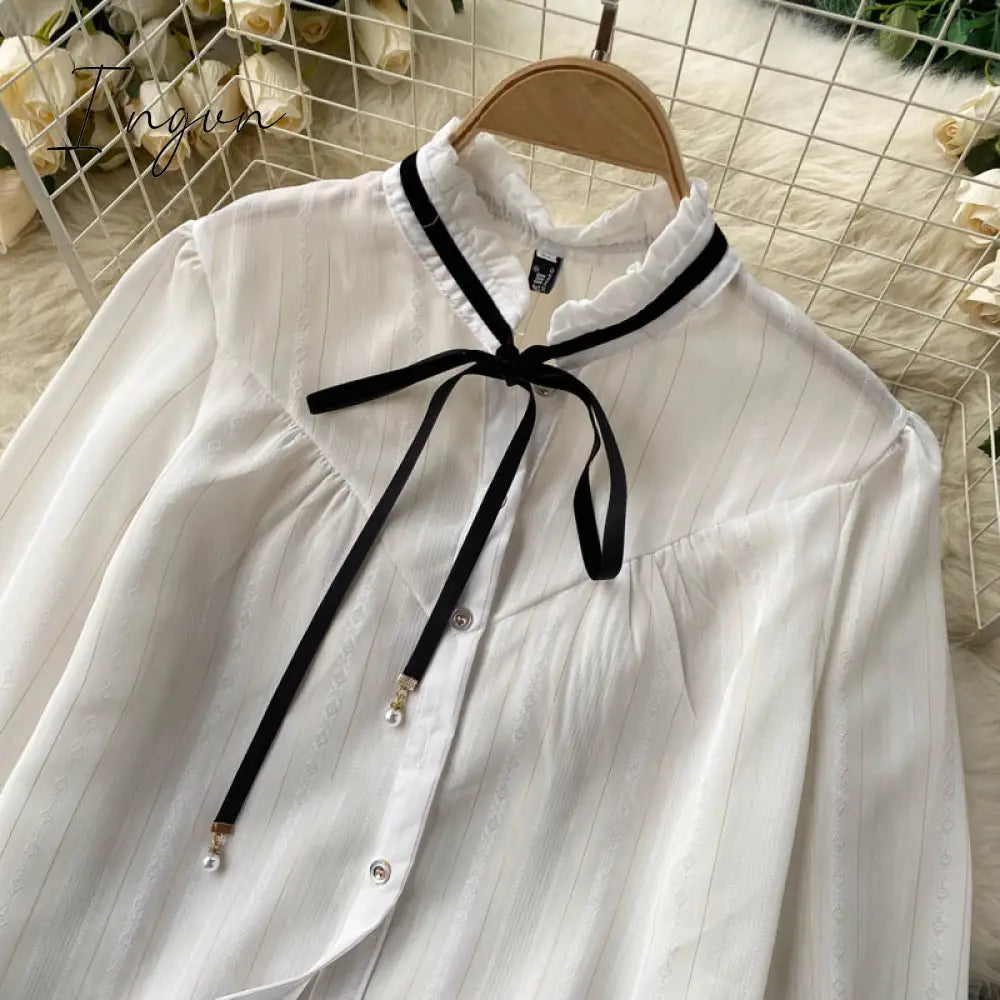 Ingvn - Spring Autumn Elegant 2 Piece Set Overalls Dress Women Bow Collar White Shirt Top+ Irregular Flower Print V-Neck Vest Dress