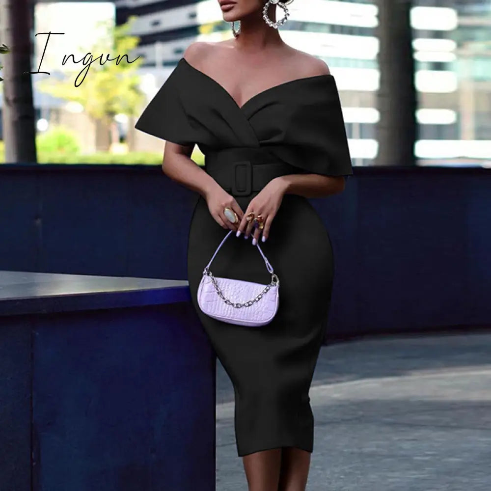 Ingvn - Autumn Elegant Dress Fashion Off shoulder V-neck High Waist Belt Slim Party Evening Dress Women