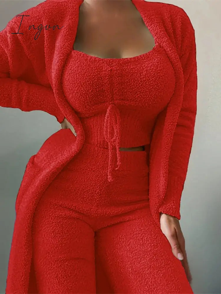Ingvn - Women's Plus Size Pajamas Robes Gown Sets Nighty 3 Pieces Pure Color Warm Casual Comfort Home Daily Bed Fleece Long Sleeve Crop Top Pant Pocket Winter Fall Green Black