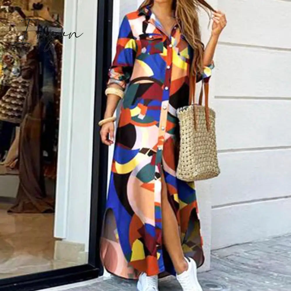 Ingvn - Fashion Women Long Sleeve Shirt Dress Autumn  Printed OL Long Dresses Laides Turn-down Collar Loose Sundress Party Dresses