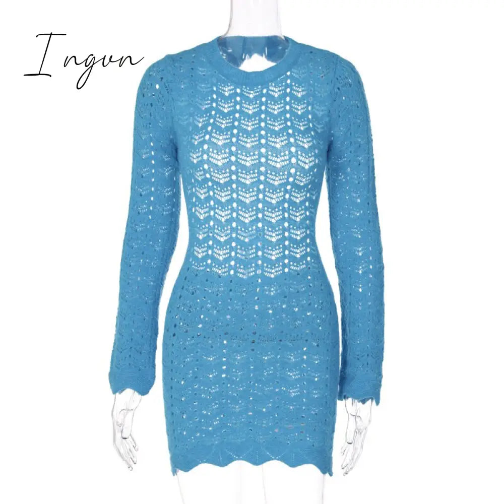 Ingvn - Round Collar Backless Blue Dress Women Sexy Long Sleeve Elegant Beachwear Solid Bodycon See Through Sheath Dress Female