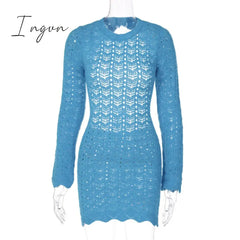 Ingvn - Round Collar Backless Blue Dress Women Sexy Long Sleeve Elegant Beachwear Solid Bodycon See Through Sheath Dress Female