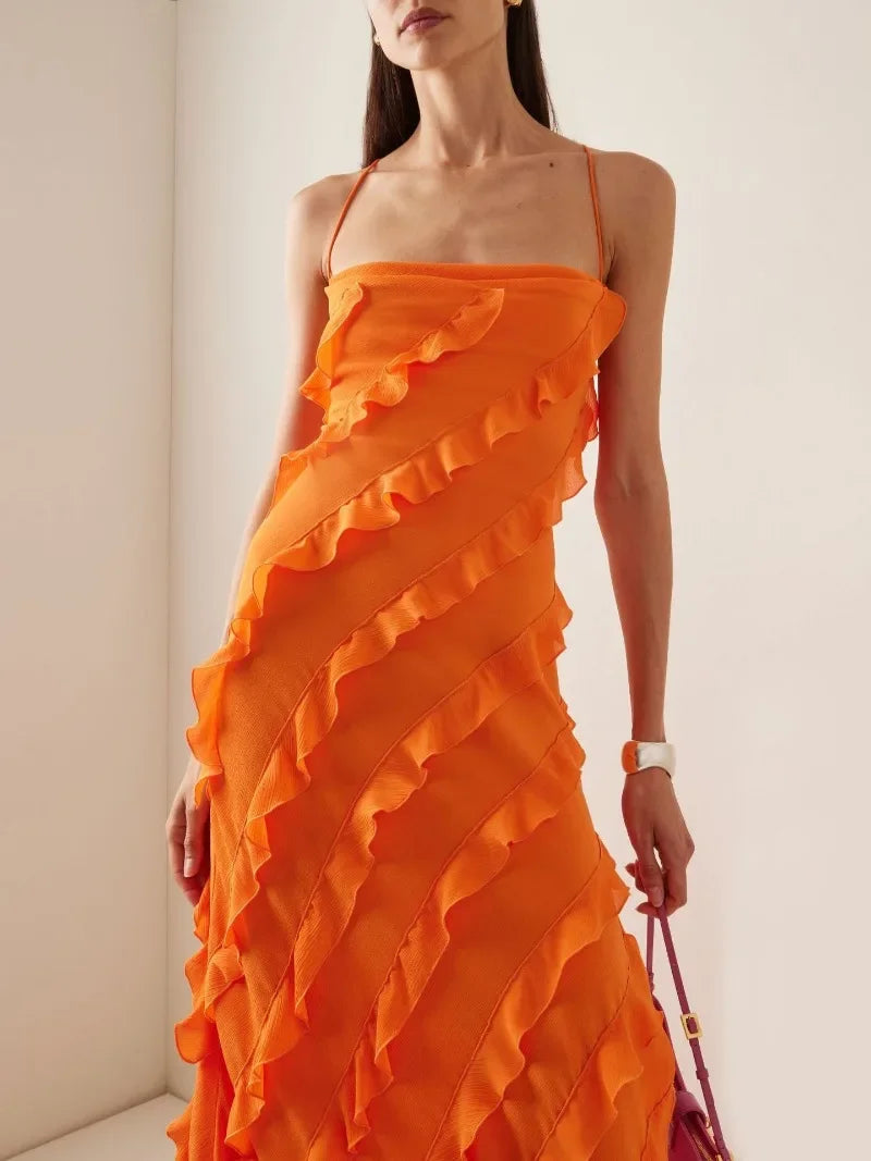 Ingvn  Elegant Pretty Women's Long Dresses  Summer Autumn Strapless High Waist Backless Ruffles Bandage Formal Evening Party Dress