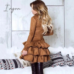 Ingvn - Spring Autumn Winter Elastic High Waist Sexy Suede Dress Women Vintage Long Sleeve Black Brown Dress robe femme
