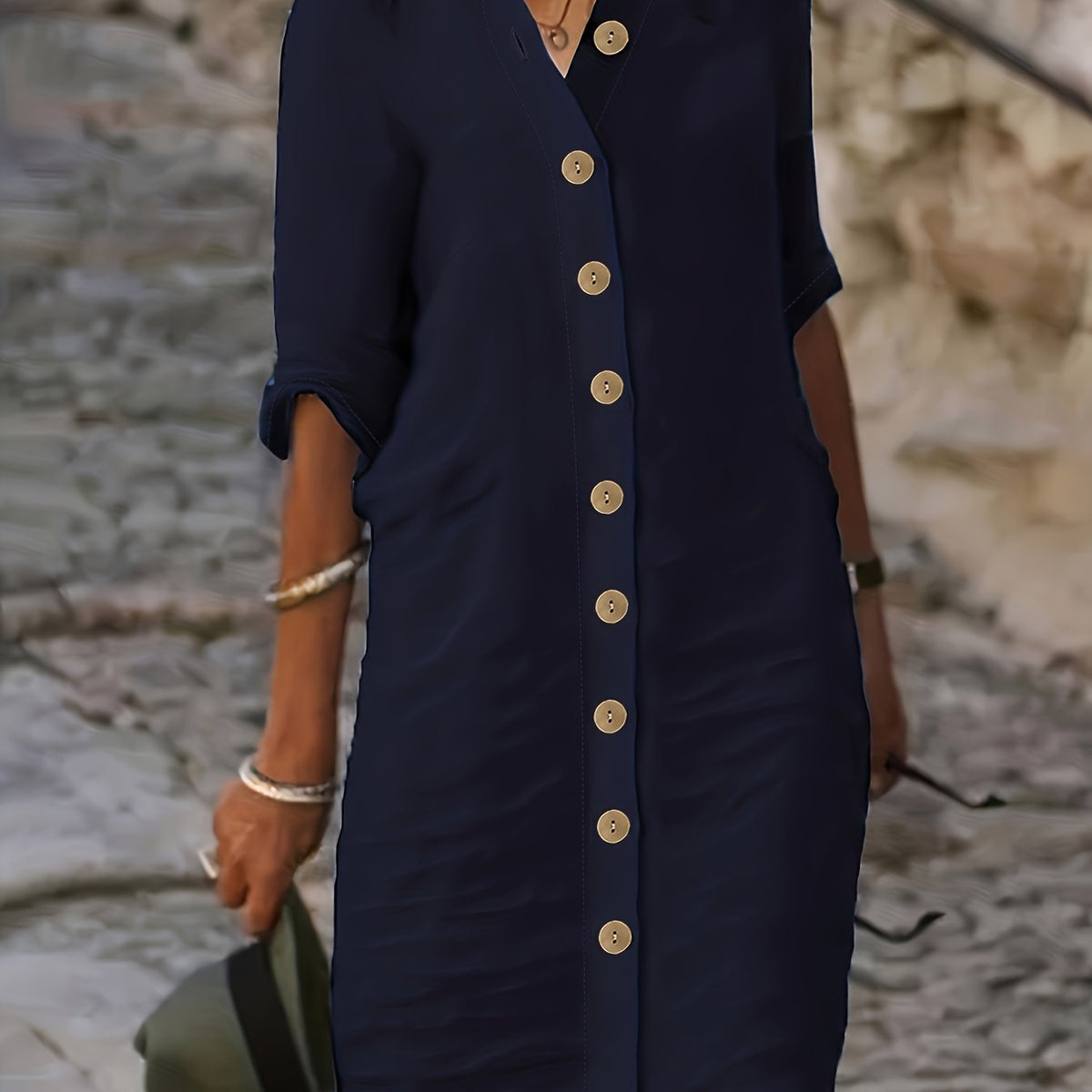 Chic Midi Dress with Button Detail - Womens Half Sleeve Casual Dress - Versatile Day-to-Night Style