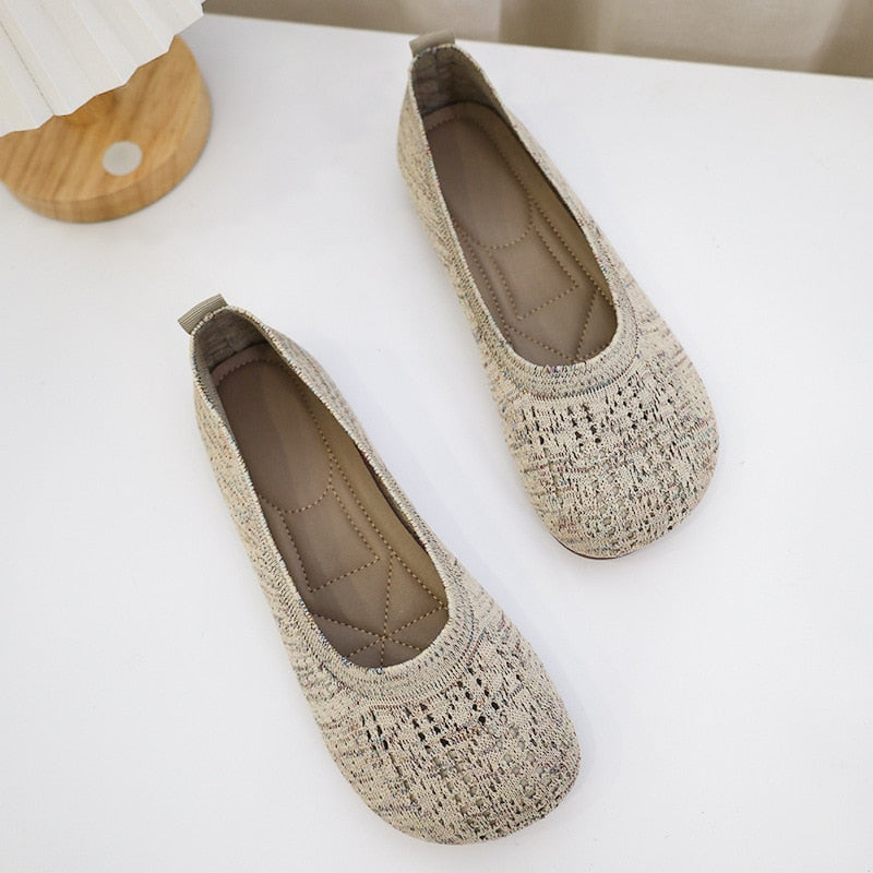 Ballet Flats Women Casual Shoes Flat Heel Hollow-out Loafers Round Toe Knits Moccasins Espadrille Shoes