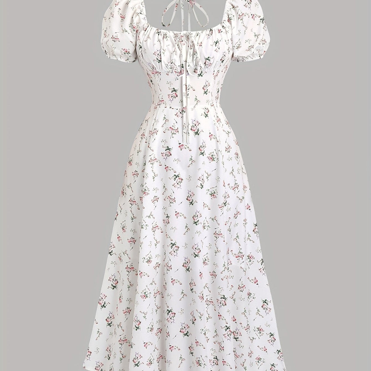 Elegant White Floral Print Midi Dress with Puff Sleeves & Tie-Back Detail - Square Neck, Non-Sheer Polyester for Women - Perfect for Spring, Summer & All Seasons, Formal Wear | Puff Sleeves Dress | Polyester Fabric
