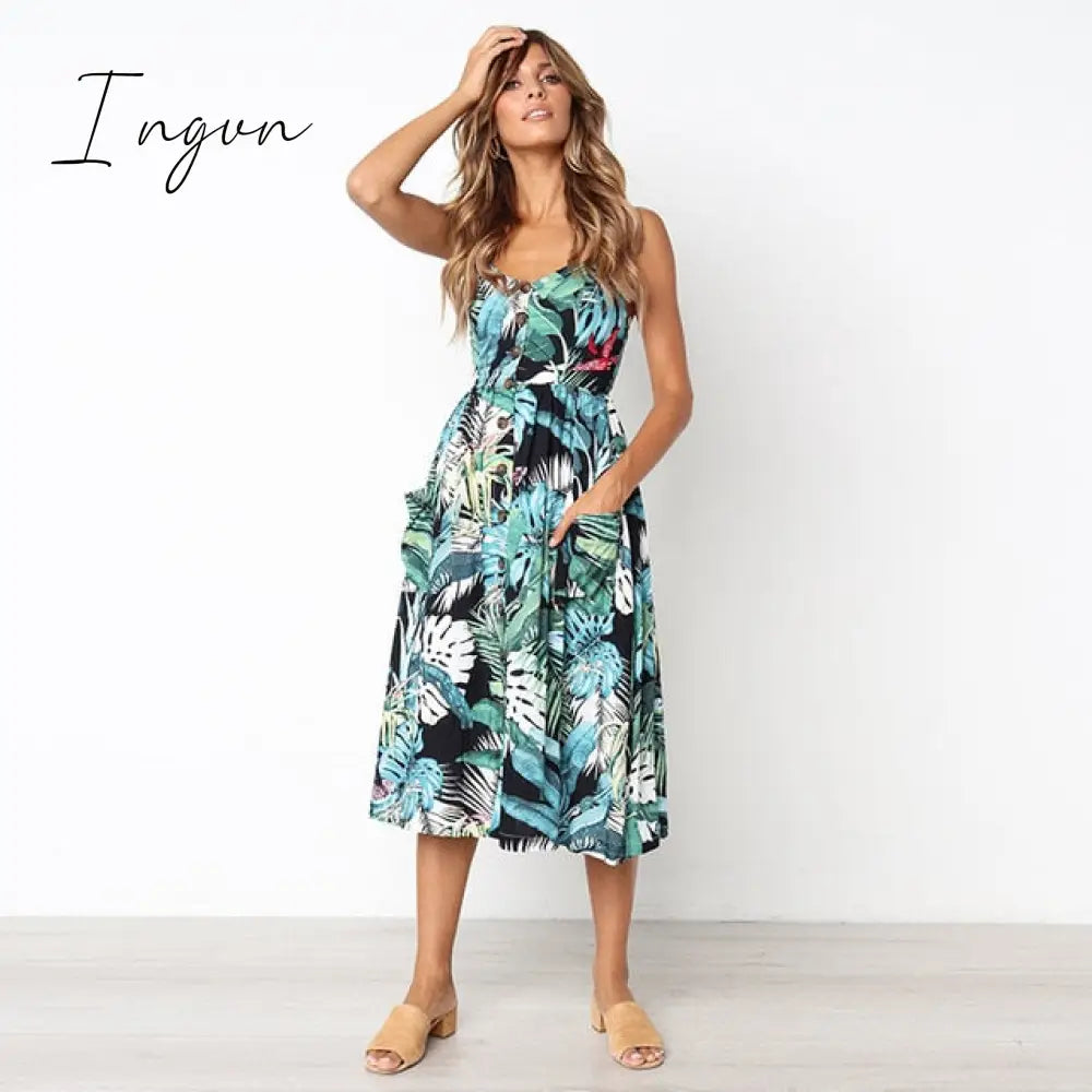 Ingvn - Vintage Casual Sundress Female Beach Dress Midi Button Backless Polka Dot Striped Women Dress Summer Boho Sexy Floral Dress