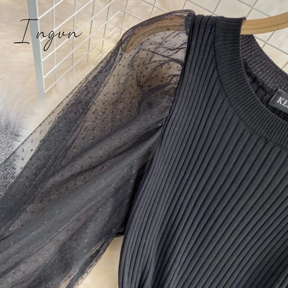 Ingvn - Elegant Mesh Knitted Stitching Dress Women Vintage Puff Sleeve Round Neck A Line Party Dresses Ladies Bandage Printing Dress