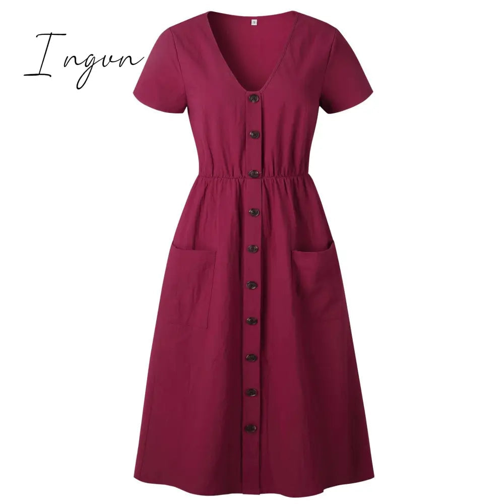 Ingvn - Cotton Linen Women Summer Dress Casual V-neck Button Pocket Short Sleeve A-line Midi Dresses For Women Vestidos