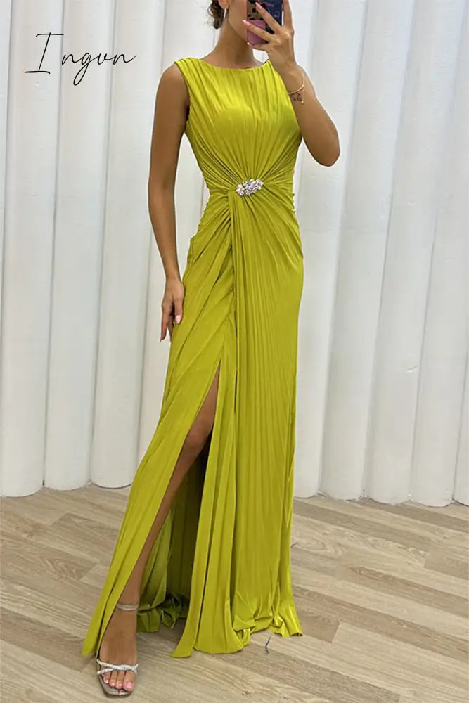 Ingvn - Elegant Formal Solid Slit Fold O Neck Evening Dress Dresses