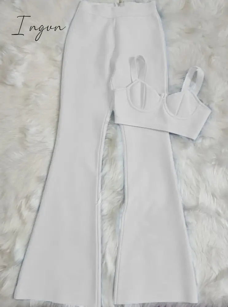 Ingvn - Summer New Women's Fashion Sexy Bandage 2 Two-piece Set Sleeveless Tight Short Top &  High Waist Flared Trousers Pants Set