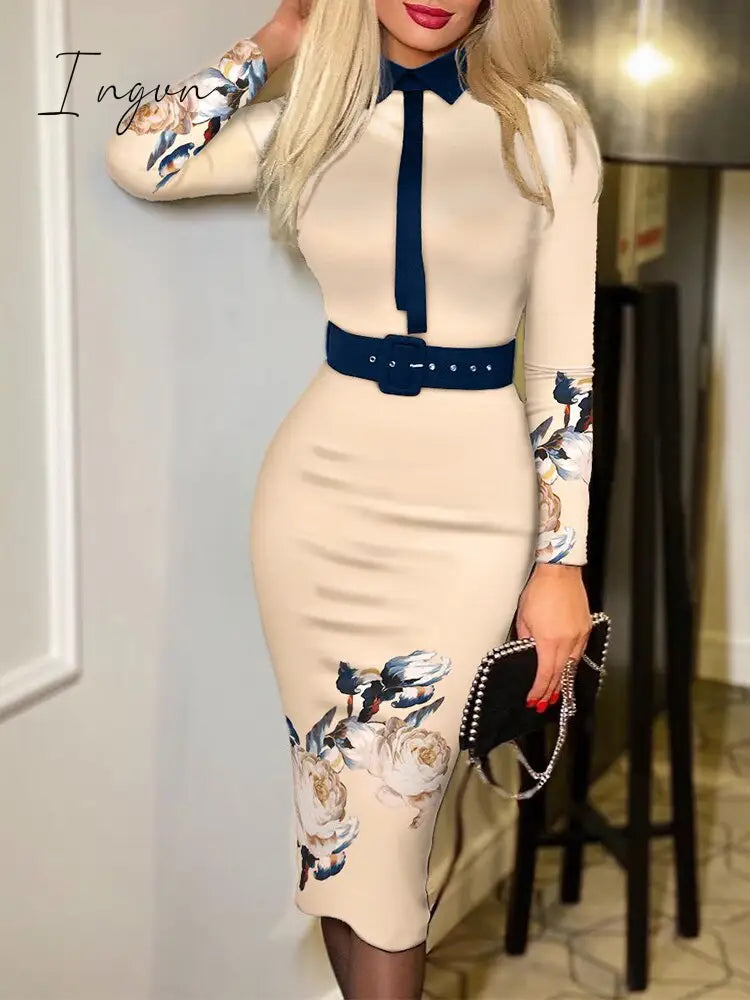 Ingvn - Dresses For Women Long Sleeve Floral Print Tie Front Work Dress With Belt Midi Vestidos De Mujer Casual