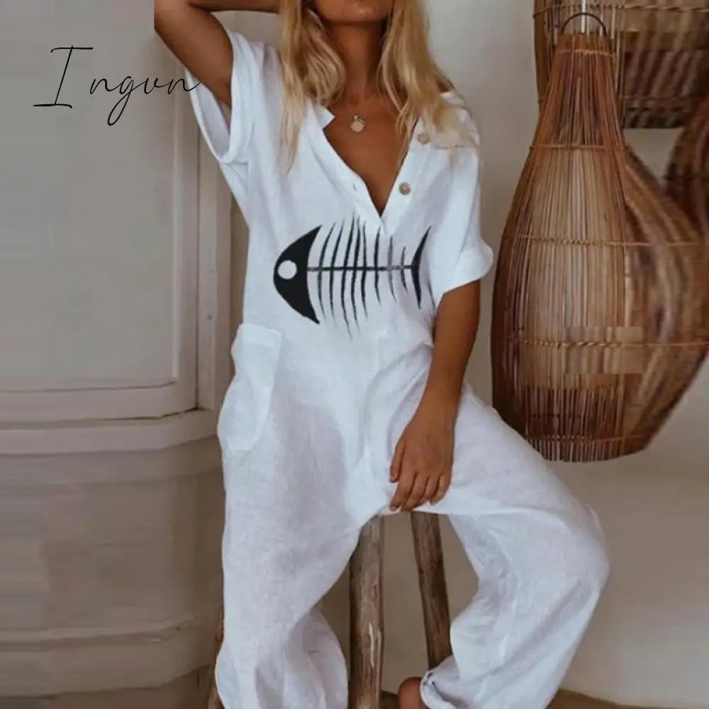 Ingvn - Summer Short Sleeve Eyelash Print Jumpsuit Casual Women Cotton Linen Playsuits V Neck Button Loose Overalls Romper Bodysuit