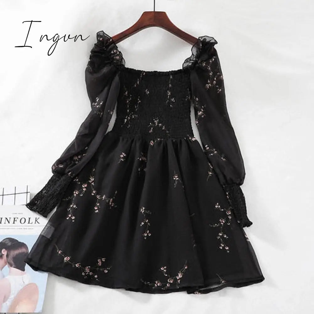 Ingvn - Spring Womens Sexy Black Dress Vintage Flower Long Puff Sleeve Chiffon Dresses Korean Casual Mini Vestidos Mujer Clothes
