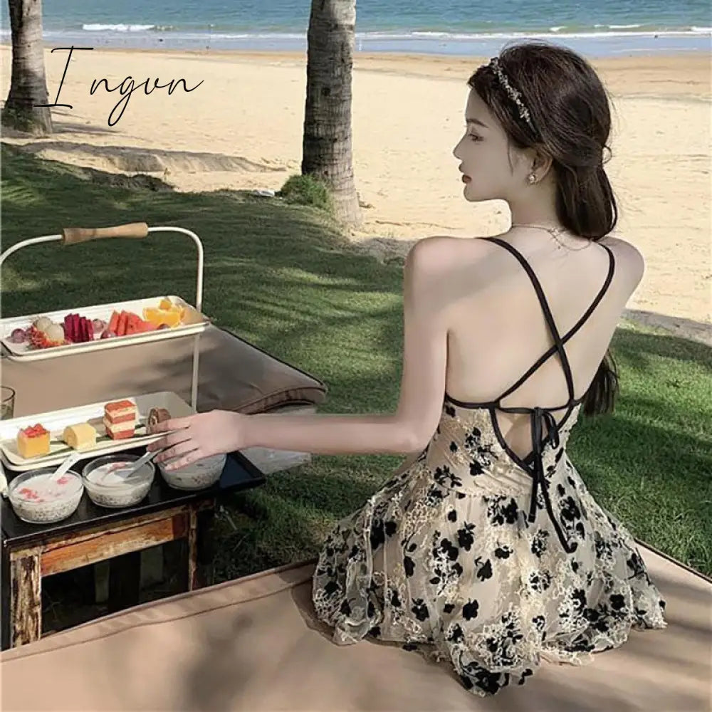 Ingvn - Backless Dress Women Lace Sexy Short Embroidery Mini Y2k Push Up Dress with Flowers Korean Dress Summer Gothic Party