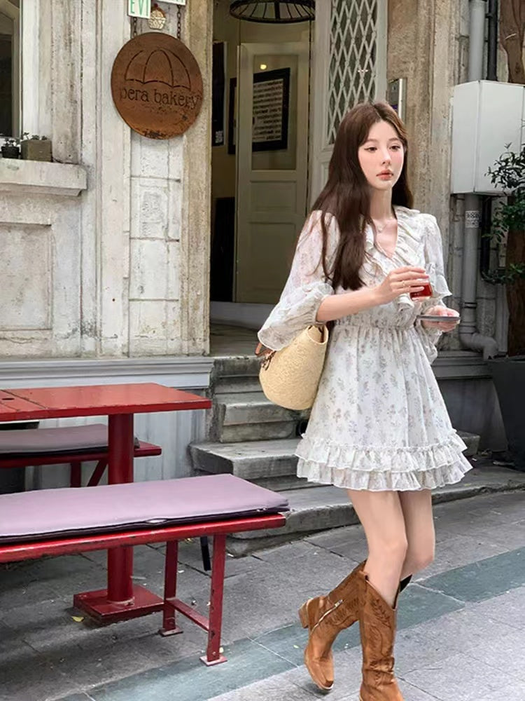 Pphmm Casual Pleated Chiffon Office Lady Dress Spring Women Ruffle V Neck Waist Mini Dress Elegant Lantern Sleeve Print Beach Dresses