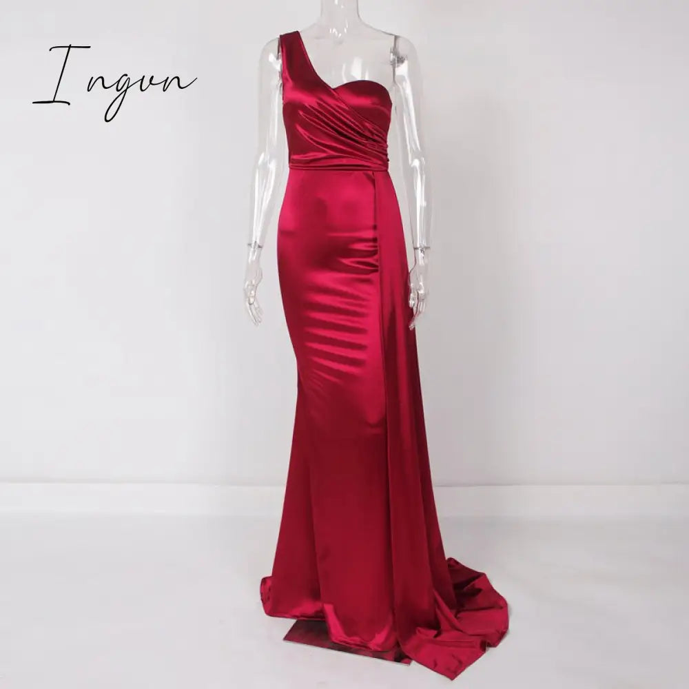 Ingvn - One Shoulder Padded Sexy Satin Maxi Dress Women's Evening Party Dress Gown with Ribbon Royal Blue Green Draped Long Dress