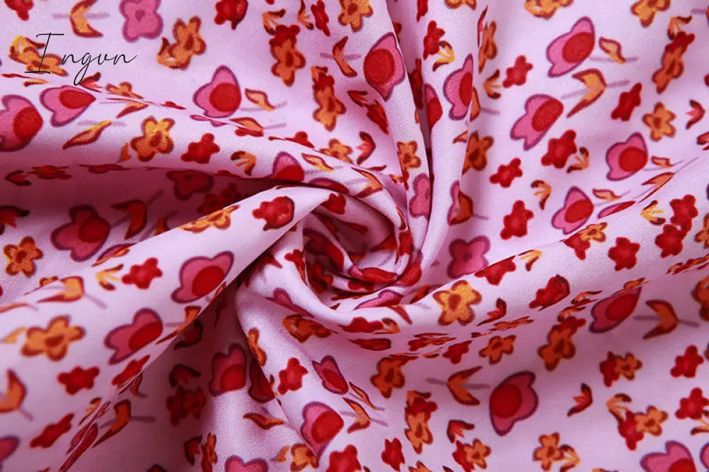 Ingvn - New Fashion Summer Casual Beach Pink Floral Print Dress Bodycon Long Strap Ruched Women Sexy Club Party Dress