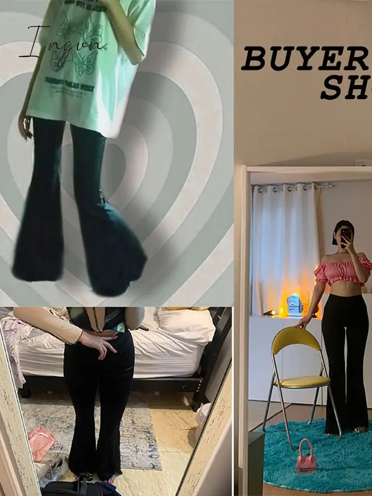 Ingvn - Summer Outfits Grunge 90s Urban Style Boot Cut Pants High Waist Black Vintage Skinny Pants Fashion Indie Casual For Women Trousers
