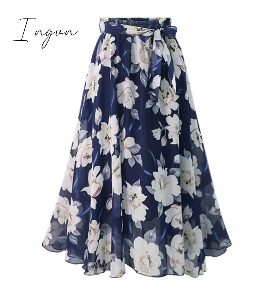 Ingvn - New Plus Size Women Chiffon Skirt Europe Fashion Bow Saia Midi Lining Jupe Femme Lace Up Falda Mujer Summer Print Floral Skirts