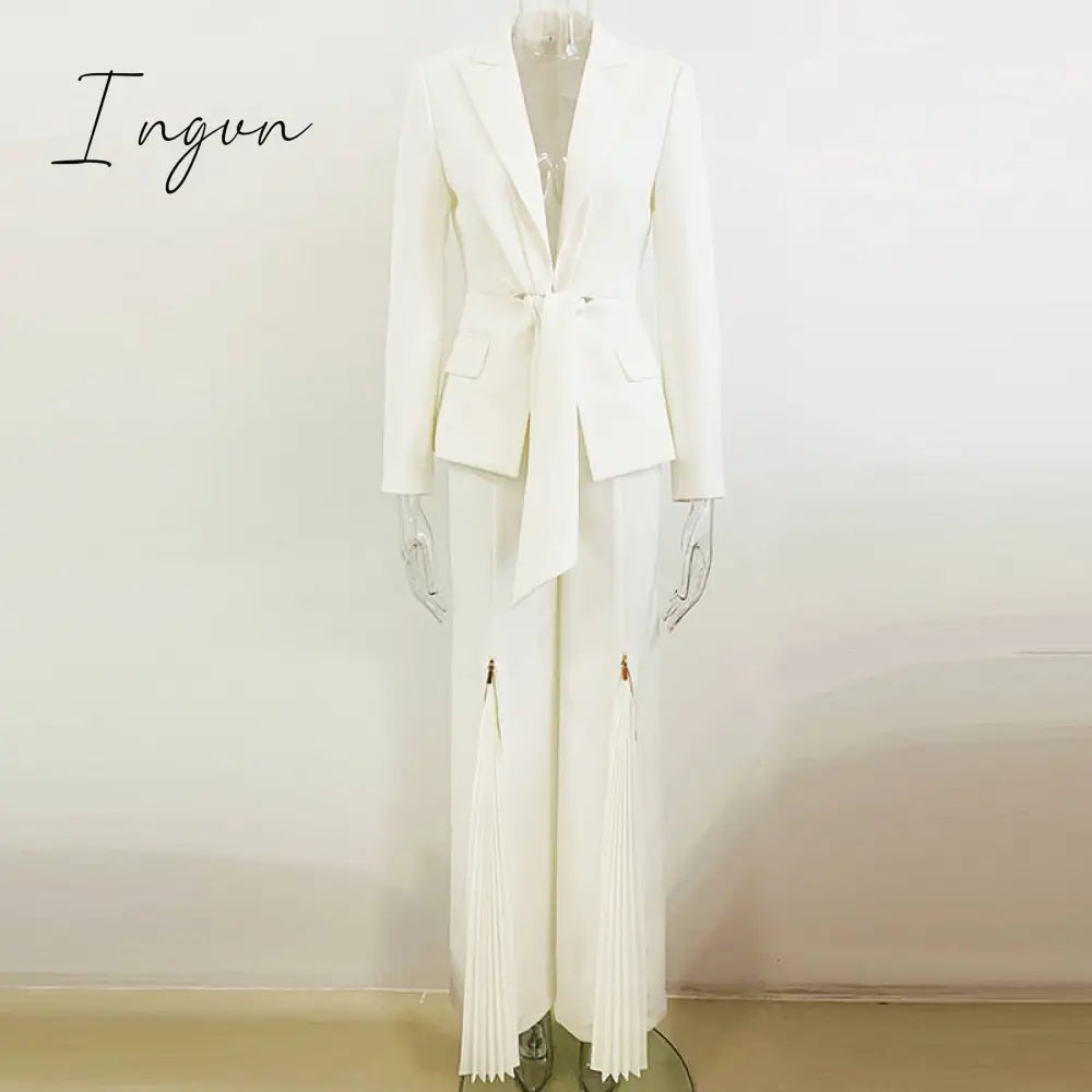Ingvn - HIGH QUALITY Newest Fashion 2023 Designer Suit Set Women's Lacing Belt Blazer Pleated Zip Pants Set 2pcs Set