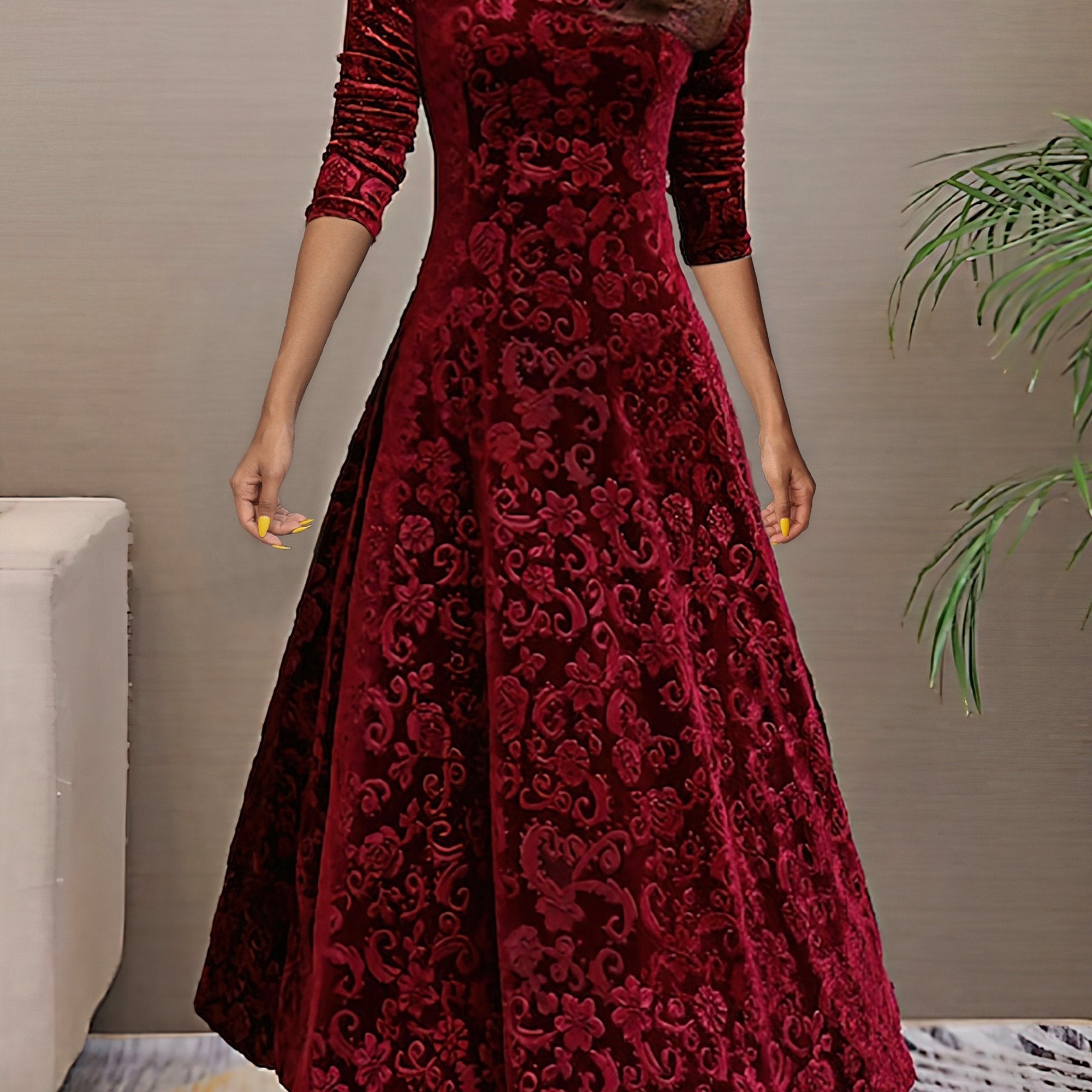 Vibrant Polyester Long Sleeve V-Neck Flared Dress - Elegant, High-Elasticity, Random Print, Machine Washable, All-Season Apparel for Women - Perfect for Spring and Fall Occasions
