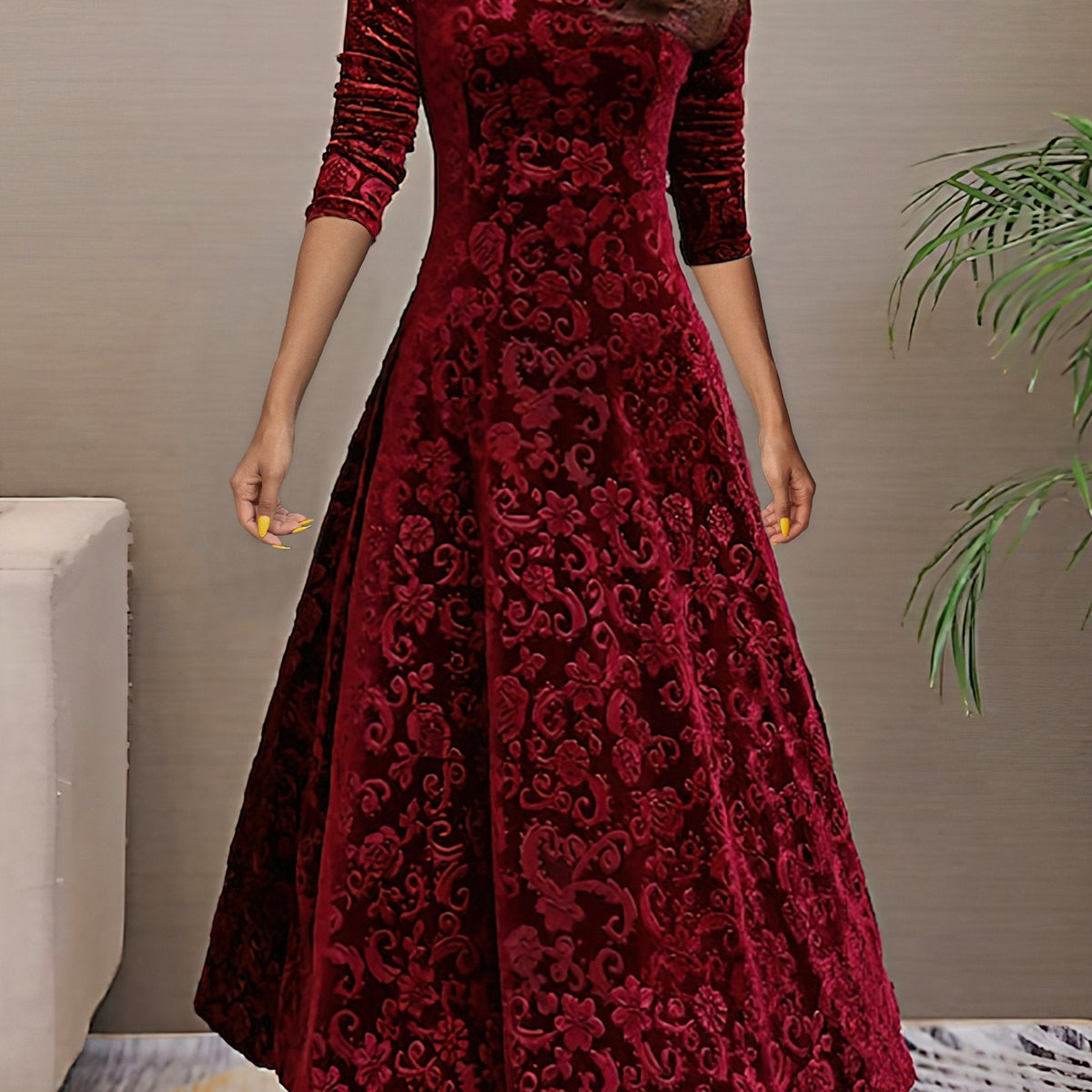 Vibrant Polyester Long Sleeve V-Neck Flared Dress - Elegant, High-Elasticity, Random Print, Machine Washable, All-Season Apparel for Women - Perfect for Spring and Fall Occasions