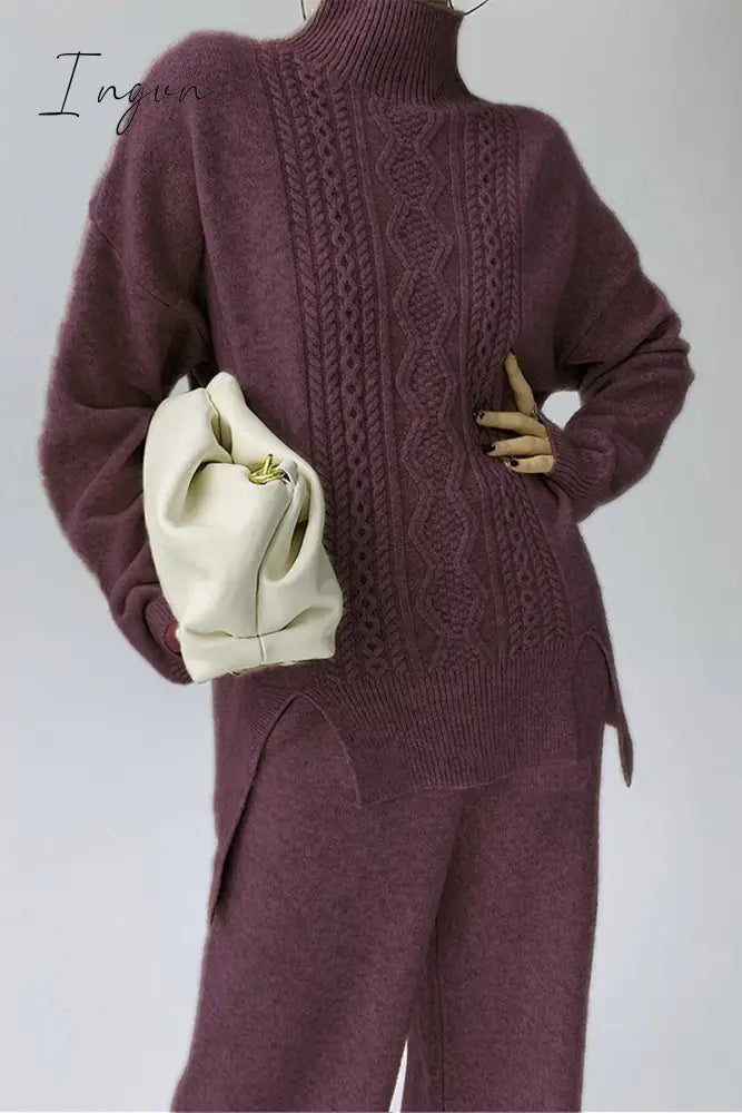 Ingvn - Casual Solid Slit Turtleneck Long Sleeve Two Pieces