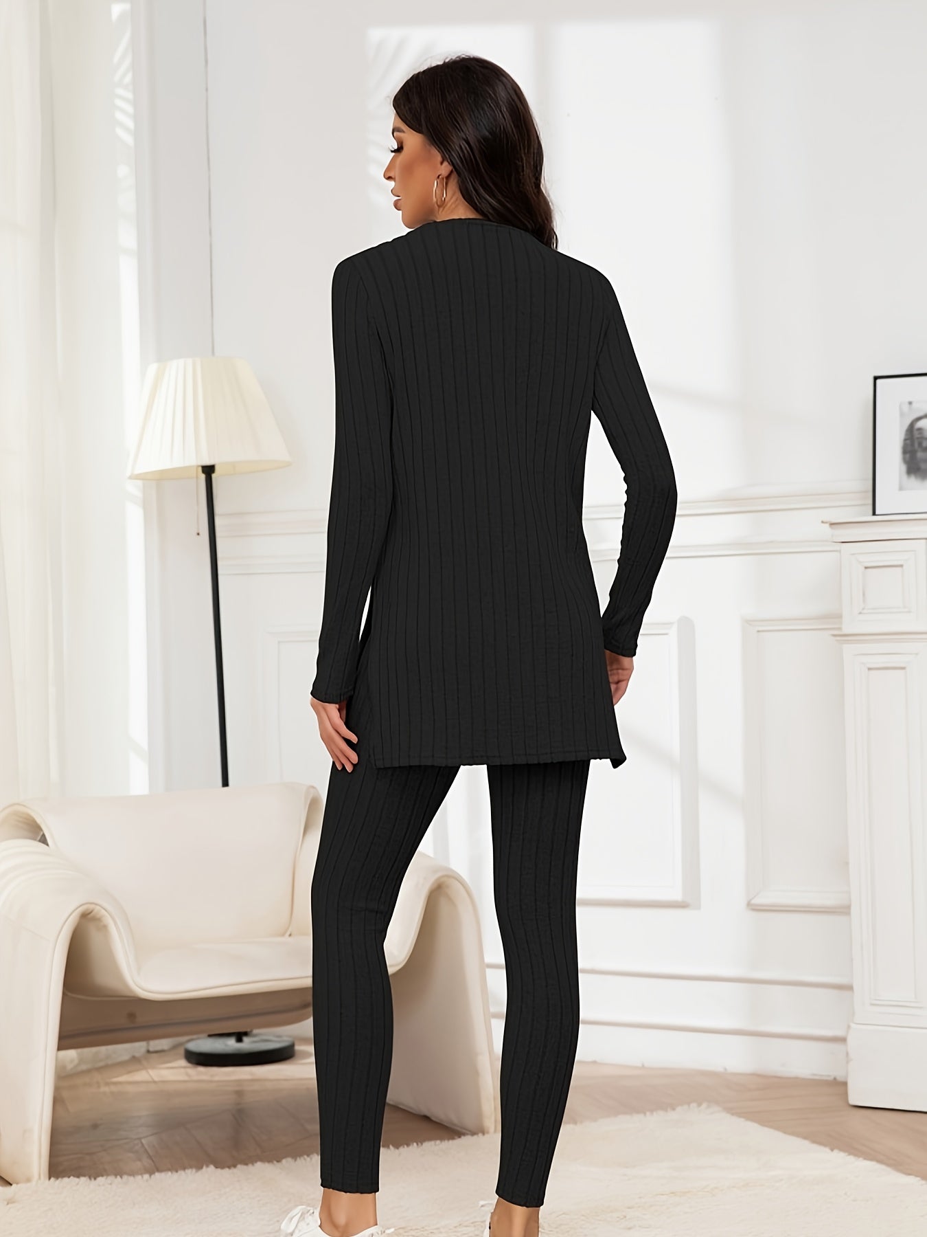 Casual Ribbed Knit Two-piece Set, Split Hem Long Sleeve Top & Slim Pants Outfits, Women's Clothing