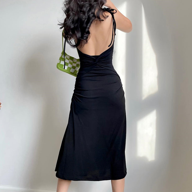 Fashion Strappy Ruched Sexy Black Dress Irregular Elegant Backless Long Dress Party Summer Dresses Women  Clothes