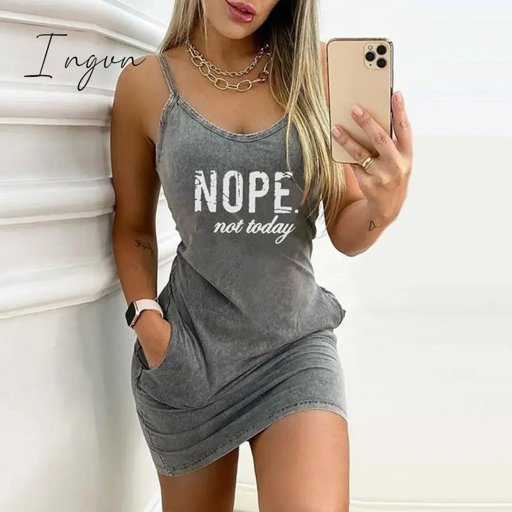 Ingvn - Sexy Sleeveless Letter Pattern Print Summer Dress Elegant Straps O Neck Backless Party Dress Women Casual Pocket Mini Dress 3XL