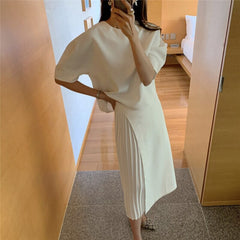 Summer Korean Skirt Suits Women Two Piece Set Short Sleeve O-neck Top + High Waist Long Pleated Skirt 2 Piece Outfits Elegant