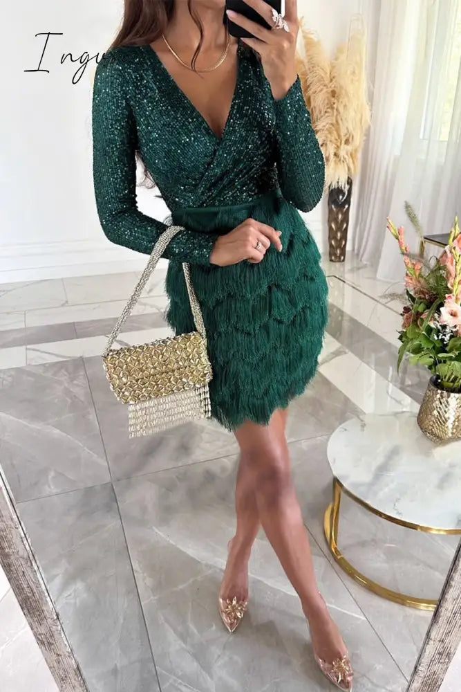 Ingvn - Sexy Solid Tassel Sequins V Neck Wrapped Skirt Dresses
