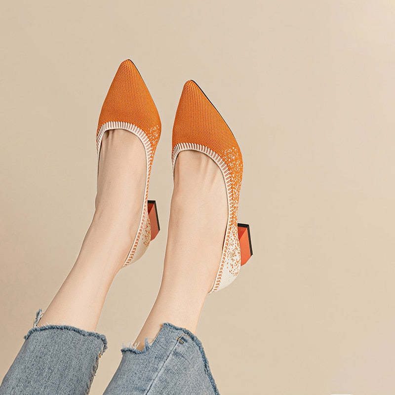 Women's High Heel Shoes Spring/Summer/Autumn Knitted Breathable Square Head Rubber Sole High Heel Women's Beautiful Fashion Shoe