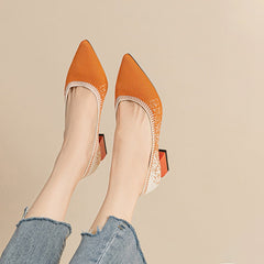 Women's High Heel Shoes Spring/Summer/Autumn Knitted Breathable Square Head Rubber Sole High Heel Women's Beautiful Fashion Shoe