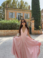 Plaid Print Halter V-neck Midi Dress Women Sexy Off Shoulder Sleeveless A-line Pleated Dress Lady Casual Vacation Vestidos