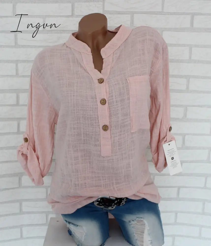 Ingvn - Oversized Women Blouses Cotton Linen Blouse Autumn Shirts Casual Long Sleeve Button V Neck Loose Shirt Lady Tops Plus Size S-5XL