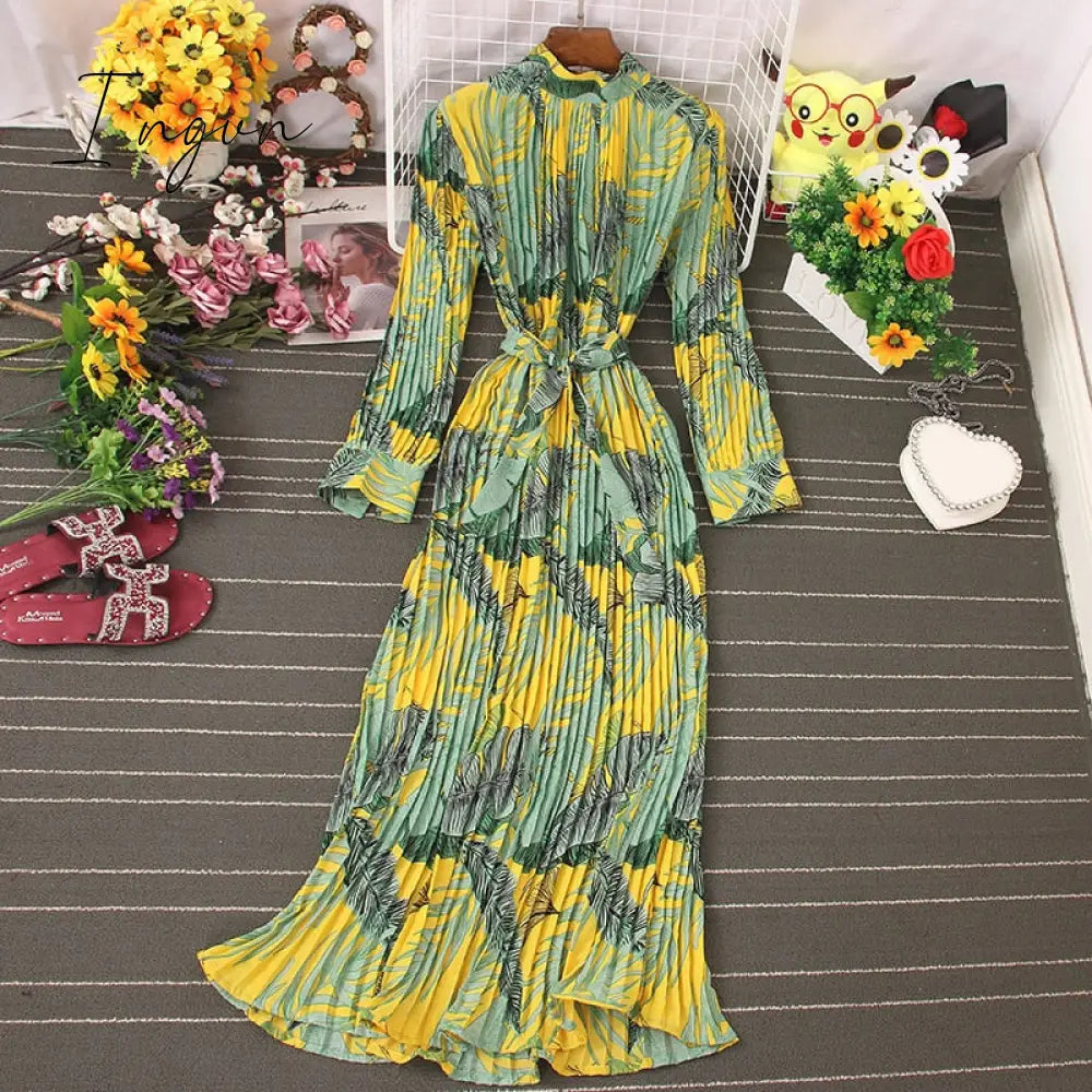 Ingvn - Autumn New Dress Temperament Turtleneck Waist Slim Long Sleeves Lace Up Wild Floral Maxi Vestidos UK016