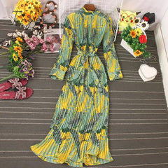Ingvn - Autumn New Dress Temperament Turtleneck Waist Slim Long Sleeves Lace Up Wild Floral Maxi Vestidos UK016