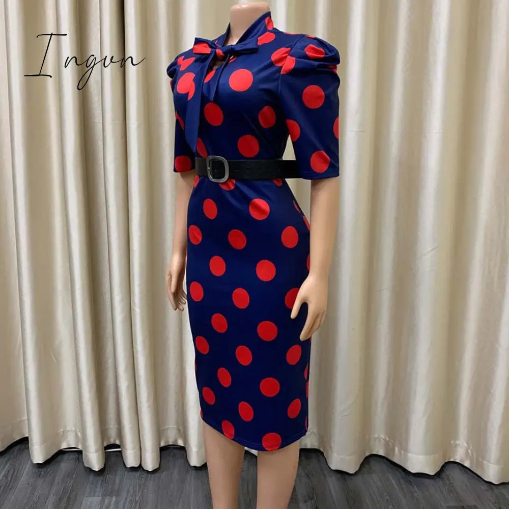 Ingvn - Elegant Office Dresses for Ladies 2023 Business Dot Printed High Waisted Short Sleeve Mid Calf Fashion Work Wear Cloth Dress OL