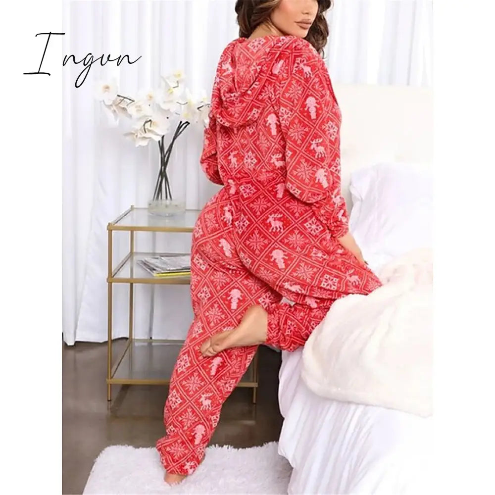 Ingvn - Women's Pajamas Jumpsuit Leopard Star Warm Comfort Plush Home Christmas Flannel Warm Breathable Hoodie Long Sleeve Pocket Fall Winter Leopard Print Moon blue