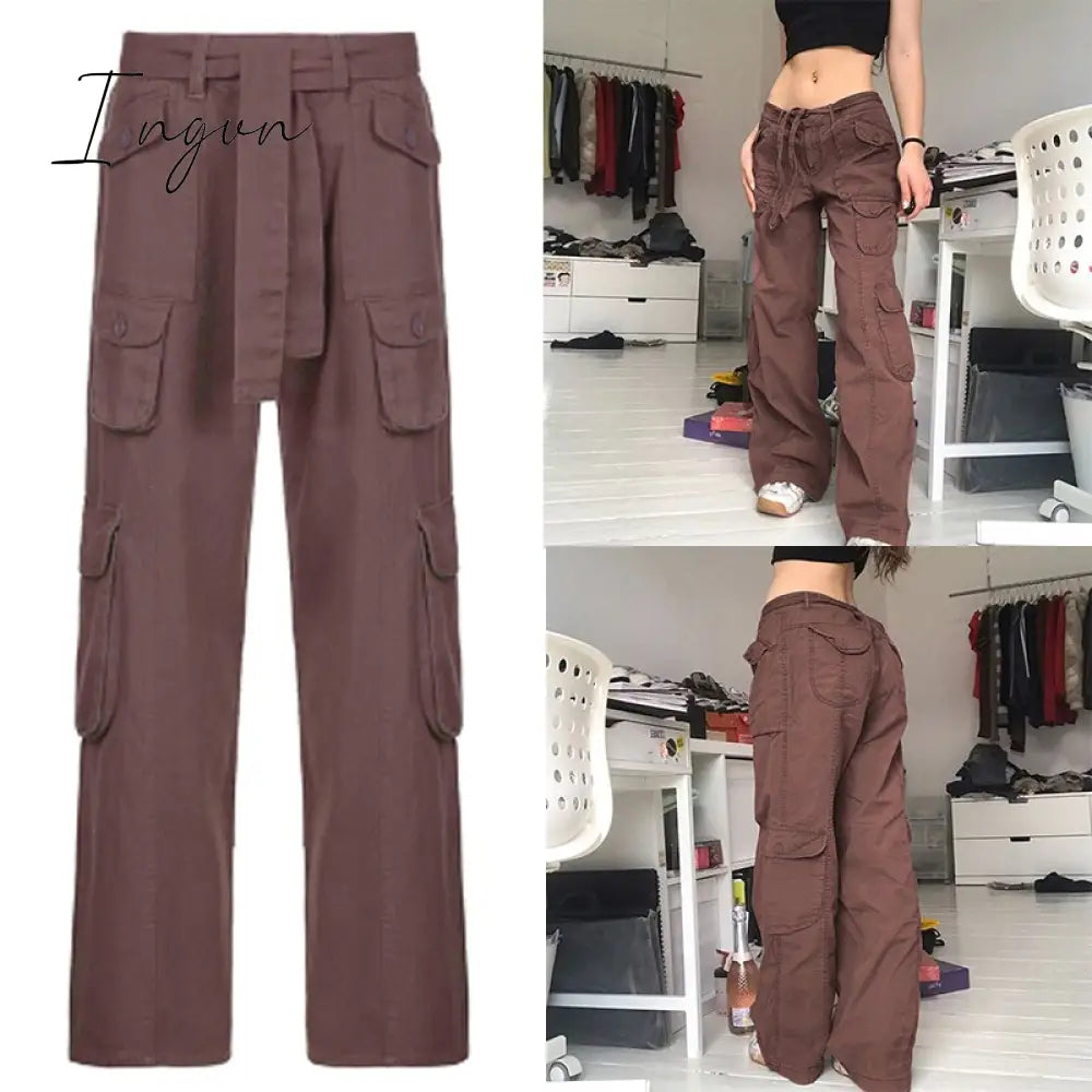 Ingvn - Women Spring Fashion Multi Pockets White Cargo Pants Women Adjustable Low Waist Baggy Wide Leg Jeans Oversized Casual Trousers Retro Bottoms Iamhotty