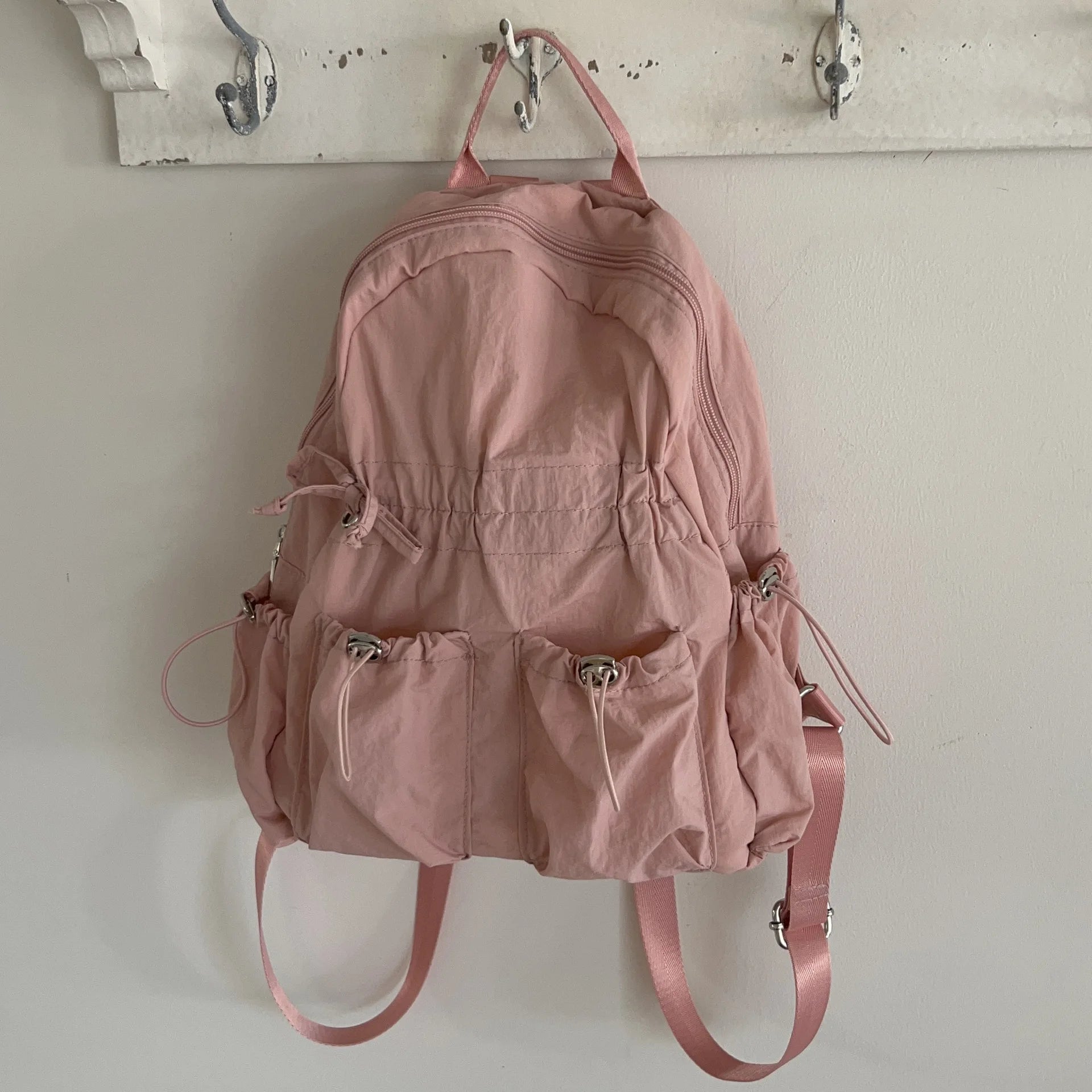 INGVN  Korean Simple Nylon Summer Beach Pleated Women Backpack Students School Girl Backpack Travel Commuter Backpacks for Women
