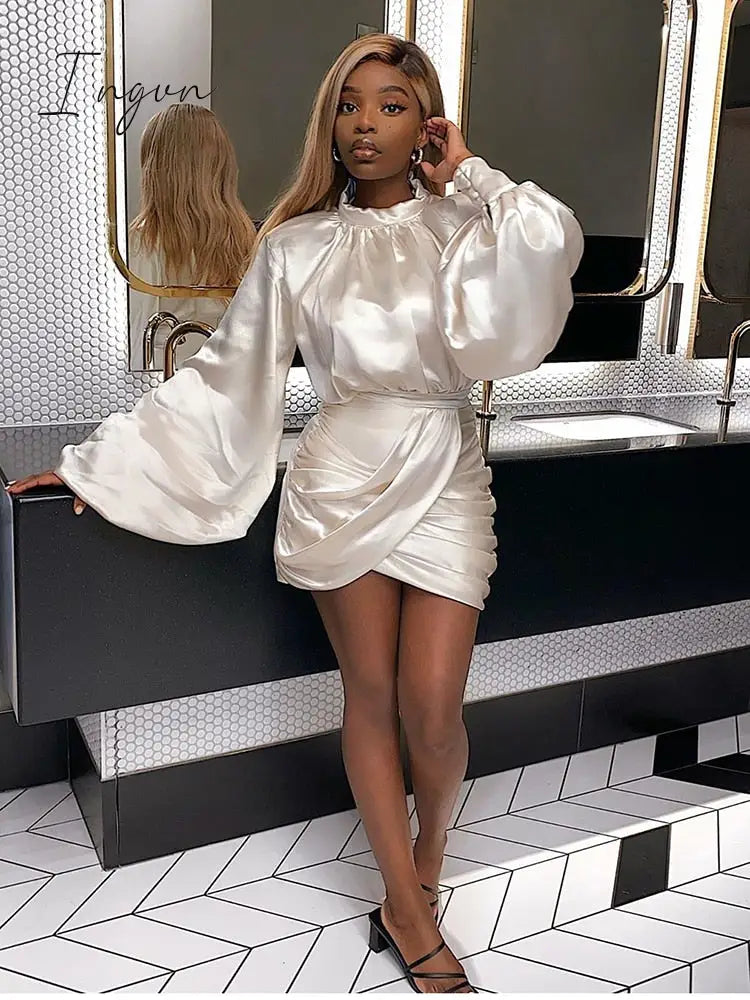 Ingvn - White Summer Dress Women Stand Collar Lantern Sleeve Stain Dresses Woman Party Night Wear Club Bodycon Dress New