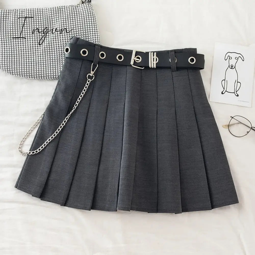 Ingvn - Black Pleated Skirt With Chain-Belt Punk Rock Girl Cheerleading Belted Mini Skirt Alt Women e-girl Outfit