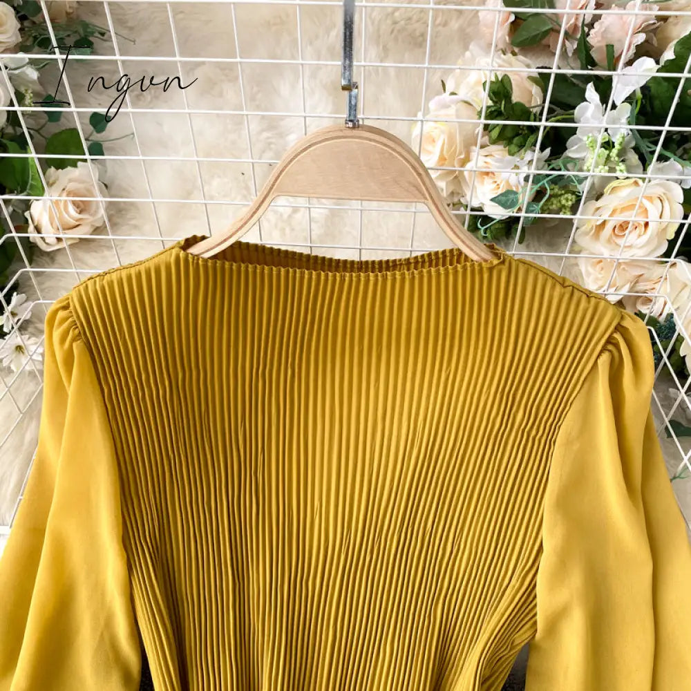 Ingvn - Vintage Women Pleated Long Dress Female Elegant Lantern Long Sleeve High Waist Red/Purple Draped Maxi Vestidos Spring Autumn New