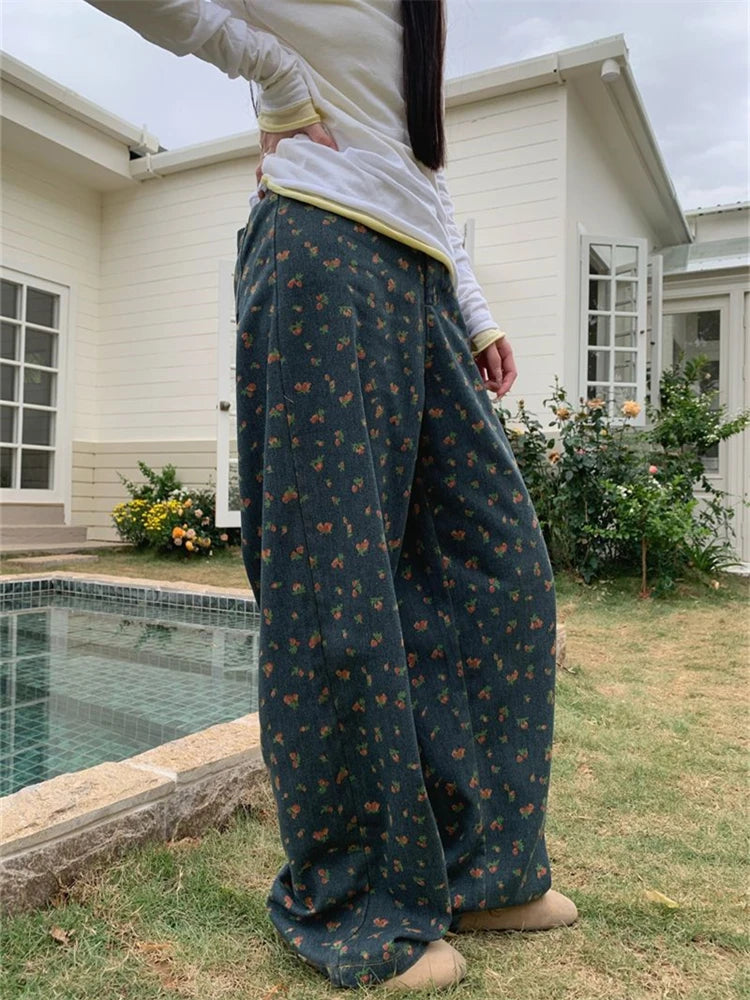 Ingvn  Women's Retro Floral Pattern High Waisted Wide Leg Jeans Summer Cool Girl Bottoms Thin Pants Female Printed Baggy Denim Trousers